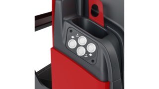 Order picker with push buttons attached to the outside of the vehicle