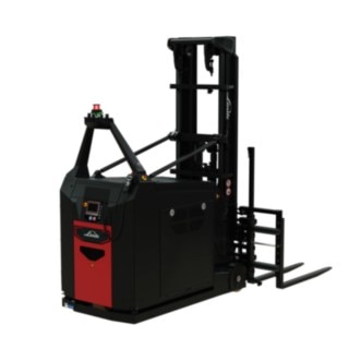 This I-MATIC AC core automated counterbalanced plallet stacker is equipped with a double fork for handling two pallets at the same time.