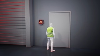 Linde Safety Guard warns pedestrians who want to go through a door of passing vehicles and thus prevents collisions. Animated video on the risks of pedestrians passing through doors