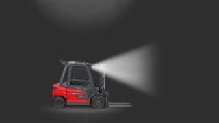 A Linde MH counterbalance forklift truck equipped with LED work headlights. A Linde MH counterbalance forklift truck equipped with LED work headlights.