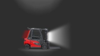 A Linde MH counterbalance forklift truck equipped with Linde LED Stripes. A Linde MH counterbalance forklift truck equipped with Linde LED Stripes.