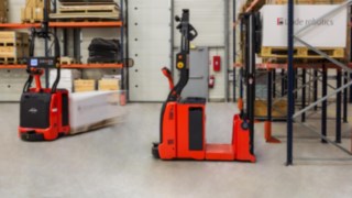 Linde Material Handling automated forklifts with laser guidance technology.