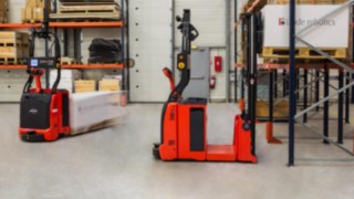 Linde Material Handling automated forklifts with laser guidance technology. Linde Material Handling automated forklifts with laser guidance technology.