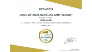 Gold medal by EcoVadis for Linde Material Handling Linde Material Handling was awarded a gold medal by EcoVadis for its current CSR rating.