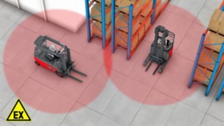 The Linde Safety Guard can be used to set up ATEX zones, in which trucks automatically drive slower Marked ATEX zones help to avoid collisions in the area