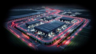 Linde solutions help to ensure the production flow in the automotive industry. Warehouse from above at night