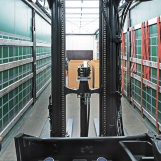 View from the operator’s cab of a Linde Roadster model