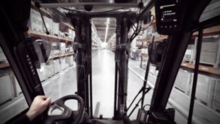 View from a Linde electric forklift truck